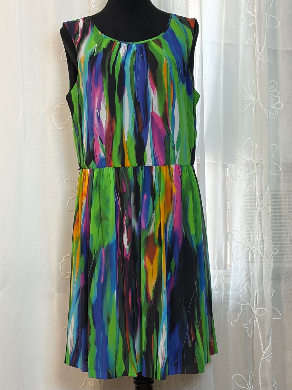 Ellen Tracy Multicolor Abstract Sleeveless Dress - Green, Blue, Pink 14